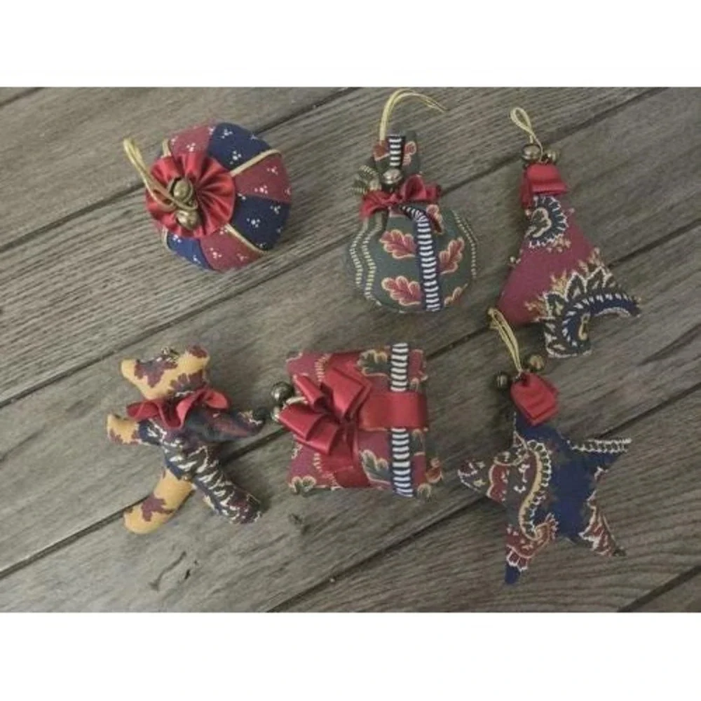 Set Of 6 Vintage Laura Ashley Fabric Christmas Ornaments Star, Bear, Tree Ball